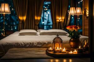 a bed with candles and flowers on it. AI-Generated photo