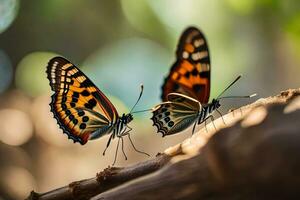 dos mariposas son sentado en un rama. generado por ai foto