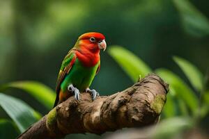 a colorful bird sits on a branch in the forest. AI-Generated photo