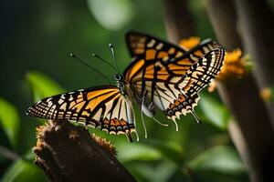 two butterflies are sitting on top of a branch. AI-Generated photo