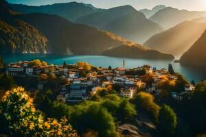 the sun shines over a village in the mountains. AI-Generated photo