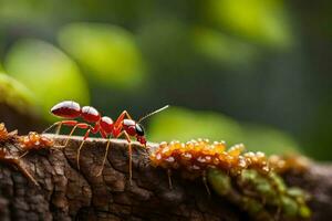 un rojo hormiga en un rama con verde hojas. generado por ai foto