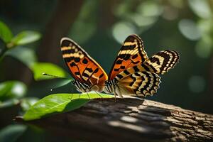 dos mariposas son sentado en un rama. generado por ai foto