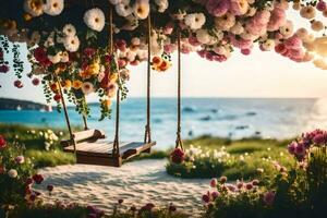 a swing hanging from a flowery tree in front of the ocean. AI-Generated photo