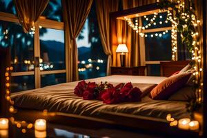 a bed with candles and flowers in front of a window. AI-Generated photo