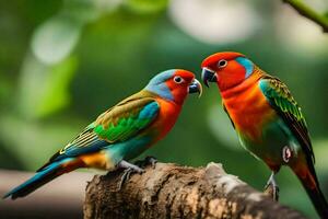 two colorful birds sitting on a branch. AI-Generated photo