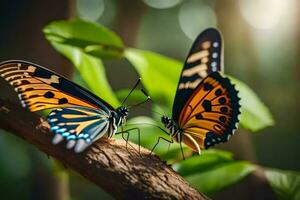 dos mariposas son sentado en un rama. generado por ai foto