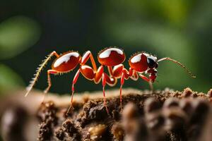 un rojo hormiga en un árbol trompa. generado por ai foto