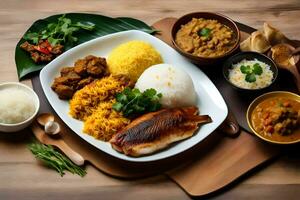 un plato de comida con arroz, pollo, y vegetales. generado por ai foto