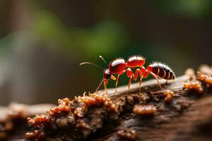 a red ant on a tree branch. AI-Generated photo