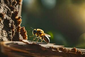 un abeja en un árbol rama con luz de sol brillante a través de. generado por ai foto