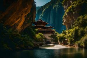 a chinese temple in the middle of a river. AI-Generated photo