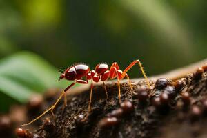 a red ant on a tree branch. AI-Generated photo