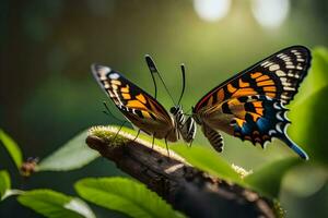 dos mariposas son sentado en un rama. generado por ai foto