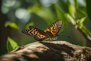 butterfly on tree branch with green leaves. AI-Generated photo