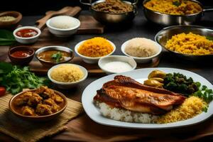 un variedad de comida incluso arroz, carne y vegetales. generado por ai foto