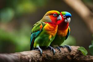 two colorful birds sitting on a branch. AI-Generated photo