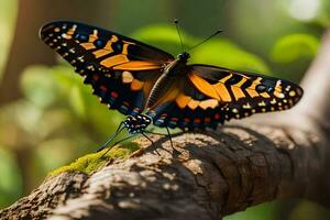 a butterfly is sitting on a branch in the forest. AI-Generated photo