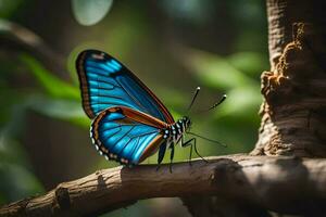 a blue butterfly sits on a branch. AI-Generated photo