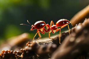 a red ant is standing on a branch. AI-Generated photo