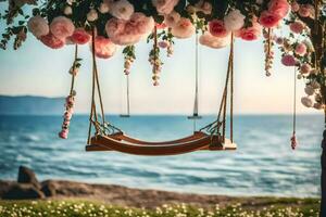 a swing hanging from a tree with flowers. AI-Generated photo