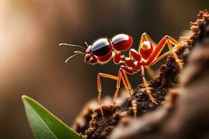 a red ant is standing on a branch. AI-Generated photo