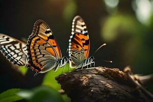 dos mariposas son sentado en un rama. generado por ai foto