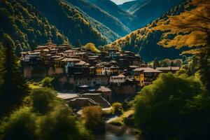 un pueblo en el montañas con un río. generado por ai foto