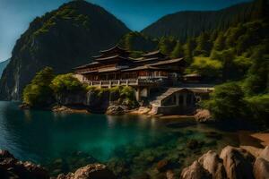 un chino templo en el borde de un lago. generado por ai foto