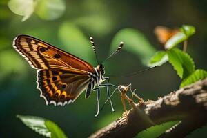 a butterfly is sitting on a branch with leaves. AI-Generated photo