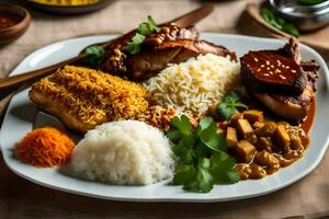 el comida es arreglado en un plato con arroz, carne, y vegetales. generado por ai foto