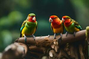 Tres vistoso aves sentado en un rama. generado por ai foto