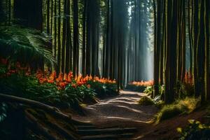 un camino mediante un bosque con arboles y flores generado por ai foto