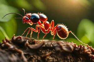 an ant is standing on top of a log. AI-Generated photo