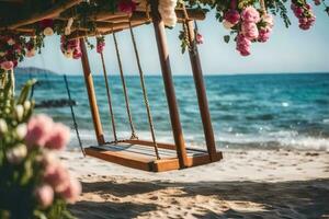 a swing on the beach with flowers hanging from it. AI-Generated photo