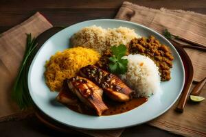 pollo con arroz, curry y vegetales en un lámina. generado por ai foto