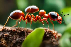 a red ant is standing on top of a tree. AI-Generated photo