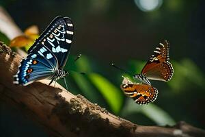 dos mariposas son sentado en un rama. generado por ai foto