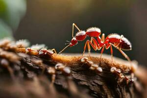 a group of ants walking on a tree trunk. AI-Generated photo