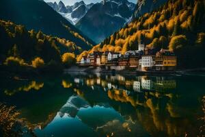the village of alpine lake in the mountains. AI-Generated photo
