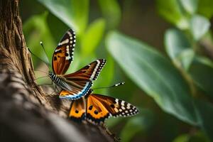 dos mariposas son sentado en un árbol rama. generado por ai foto