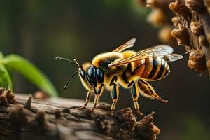 a bee is sitting on a branch with leaves. AI-Generated photo