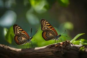 dos mariposas son sentado en un rama. generado por ai foto