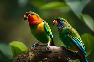 two colorful birds sitting on a branch. AI-Generated photo