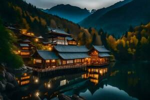 un japonés casa en el montañas a oscuridad. generado por ai foto