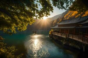 el Dom brilla terminado un pagoda en el medio de un lago. generado por ai foto