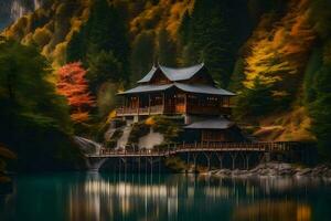 un hermosa casa se sienta en un puente terminado un lago. generado por ai foto