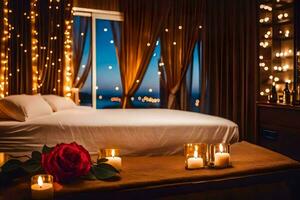 un cama con velas y un Rosa en frente de un ventana. generado por ai foto