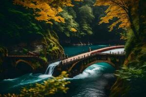 un puente terminado un río con agua fluido mediante él. generado por ai foto