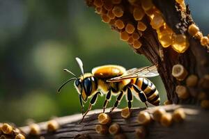 un abeja es sentado en un rama con muchos abejas. generado por ai foto